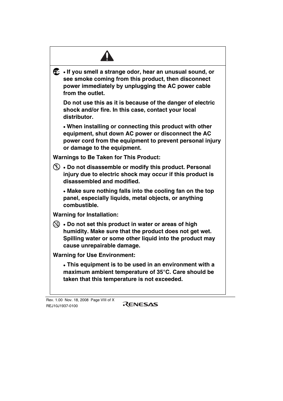 Warning | Renesas SuperHTM Family SH72546RFCC User Manual | Page 14 / 40