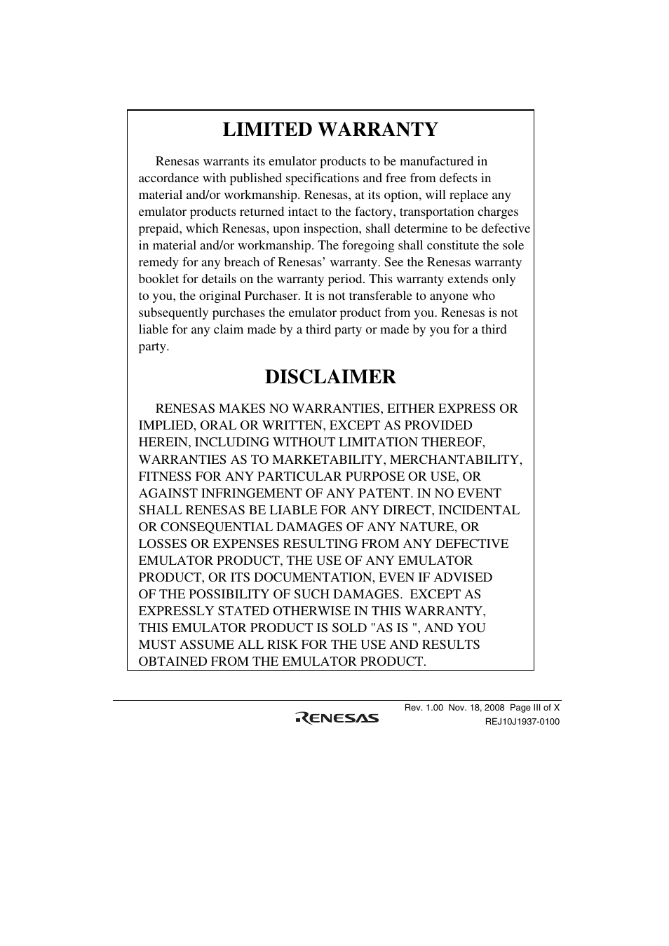 Limited warranty, Disclaimer | Renesas SuperHTM Family SH72546RFCC User Manual | Page 9 / 40