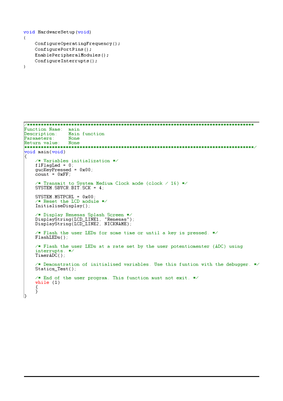 Main tutorial code (main.c / main.h) | Renesas REG10J0083-0100 User Manual | Page 19 / 22