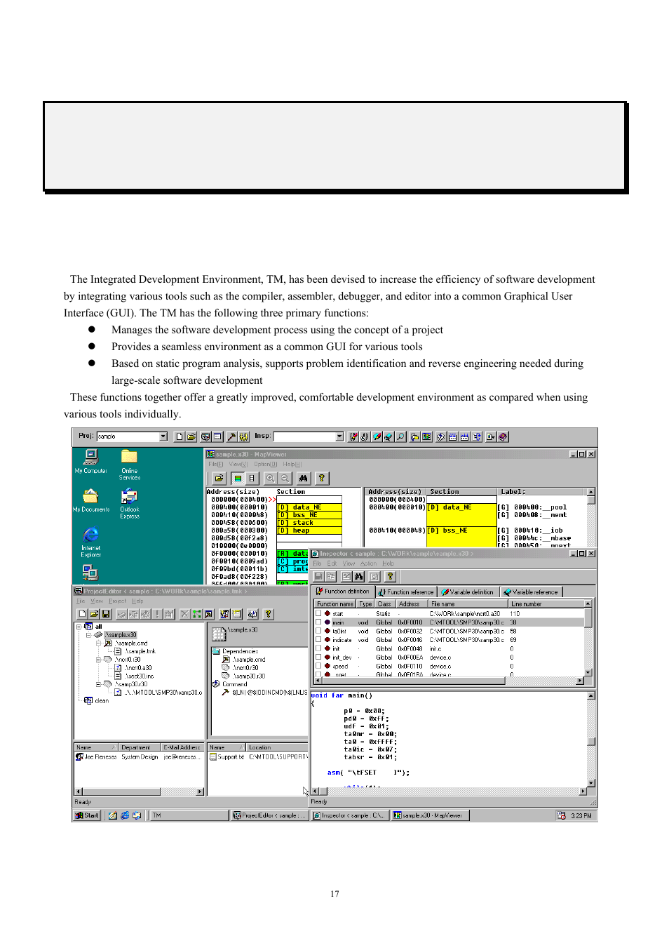 Overview, Integrated development environment, 1 integrated development environment | Renesas TM V.3.20A User Manual | Page 17 / 92