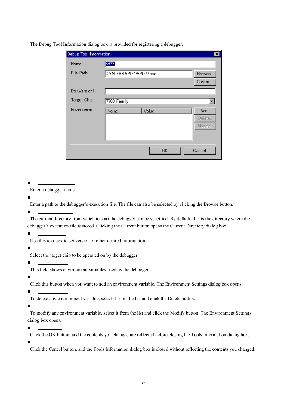 Debug tool information dialog box, 3 debug tool information dialog box, Fig. 4-9 debug tool information dialog box | Renesas TM V.3.20A User Manual | Page 50 / 92
