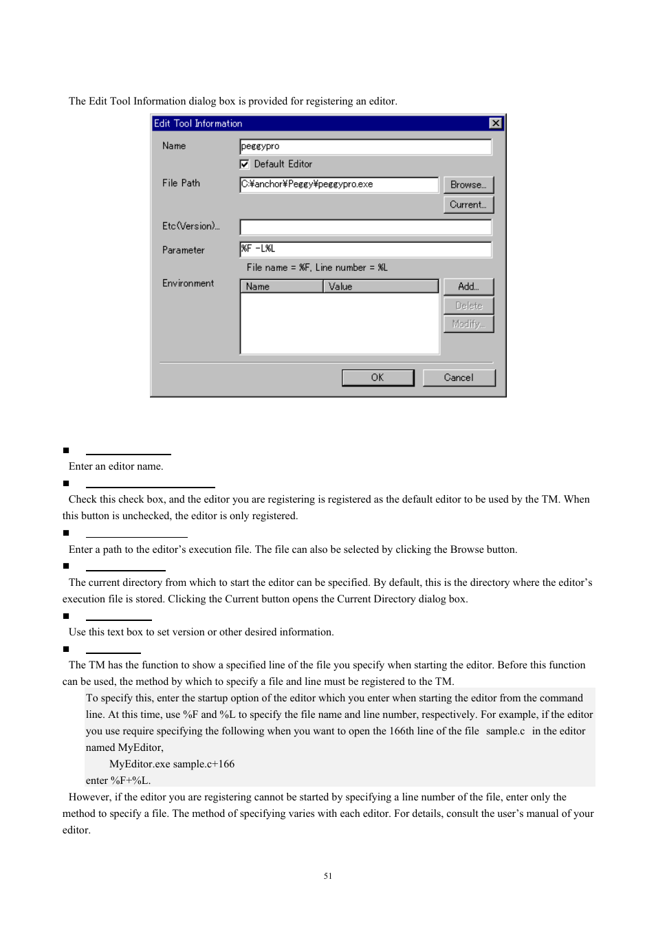 Edit tool information dialog box, 4 edit tool information dialog box, Fig. 4-10 edit tool information dialog box | Renesas TM V.3.20A User Manual | Page 51 / 92