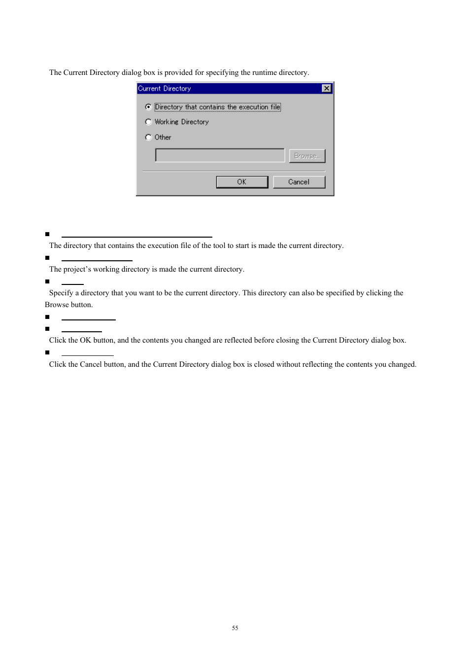 Current directory dialog box, 6 current directory dialog box, Fig. 4-12 current directory dialog box | Renesas TM V.3.20A User Manual | Page 55 / 92