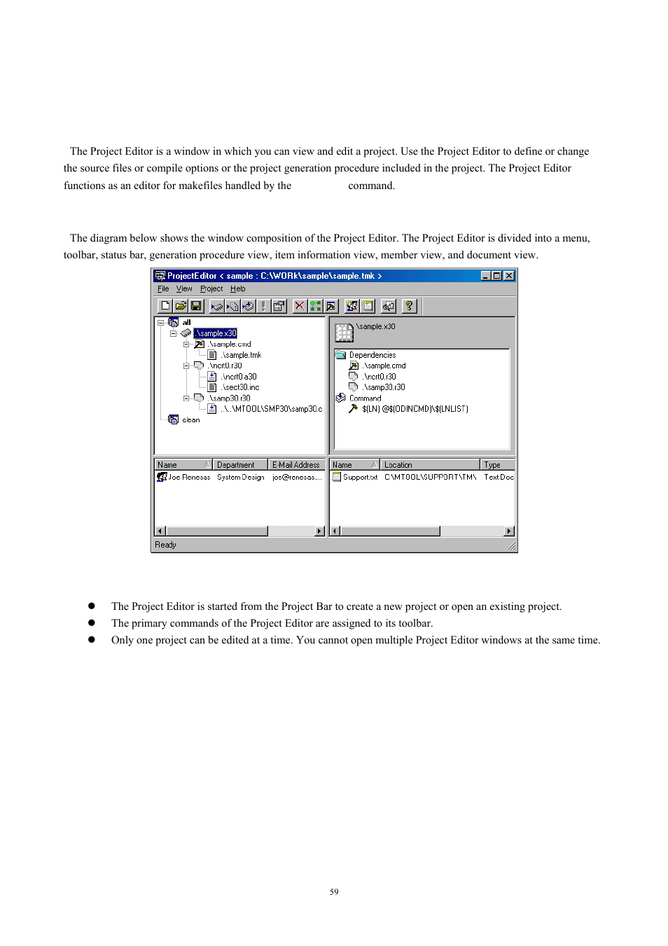 Project editor, Overview, Window composition | 2 project editor, 1 overview, 2 window composition, Fig. 4-16 window composition of the project editor | Renesas TM V.3.20A User Manual | Page 59 / 92