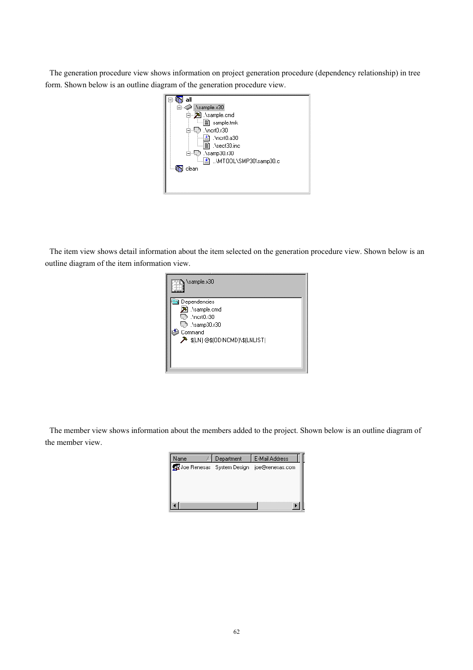 Generation procedure view, Item information view, Member view | Renesas TM V.3.20A User Manual | Page 62 / 92