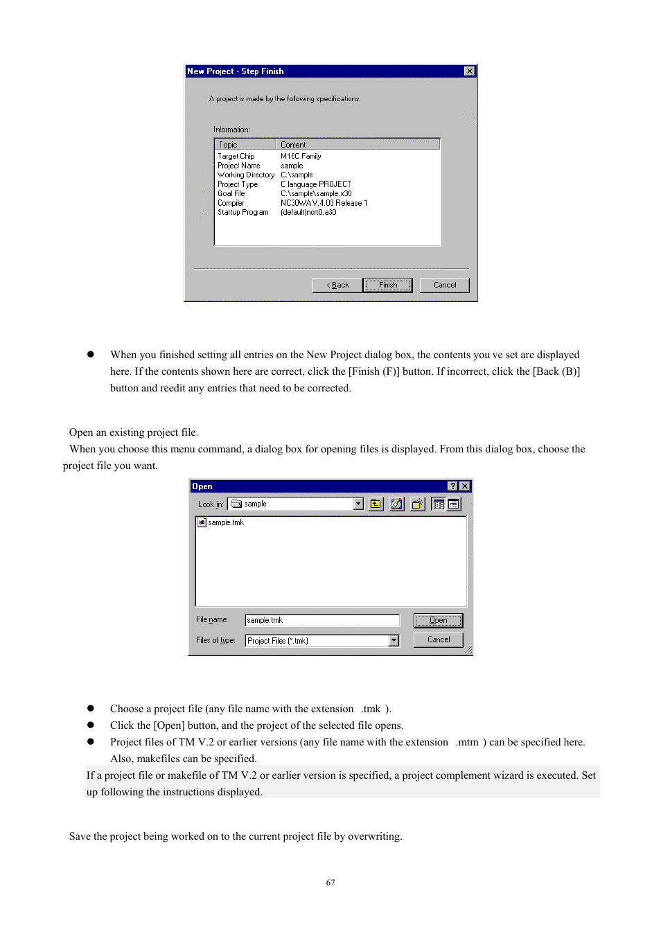 Opening a project, Saving the project by overwriting | Renesas TM V.3.20A User Manual | Page 67 / 92