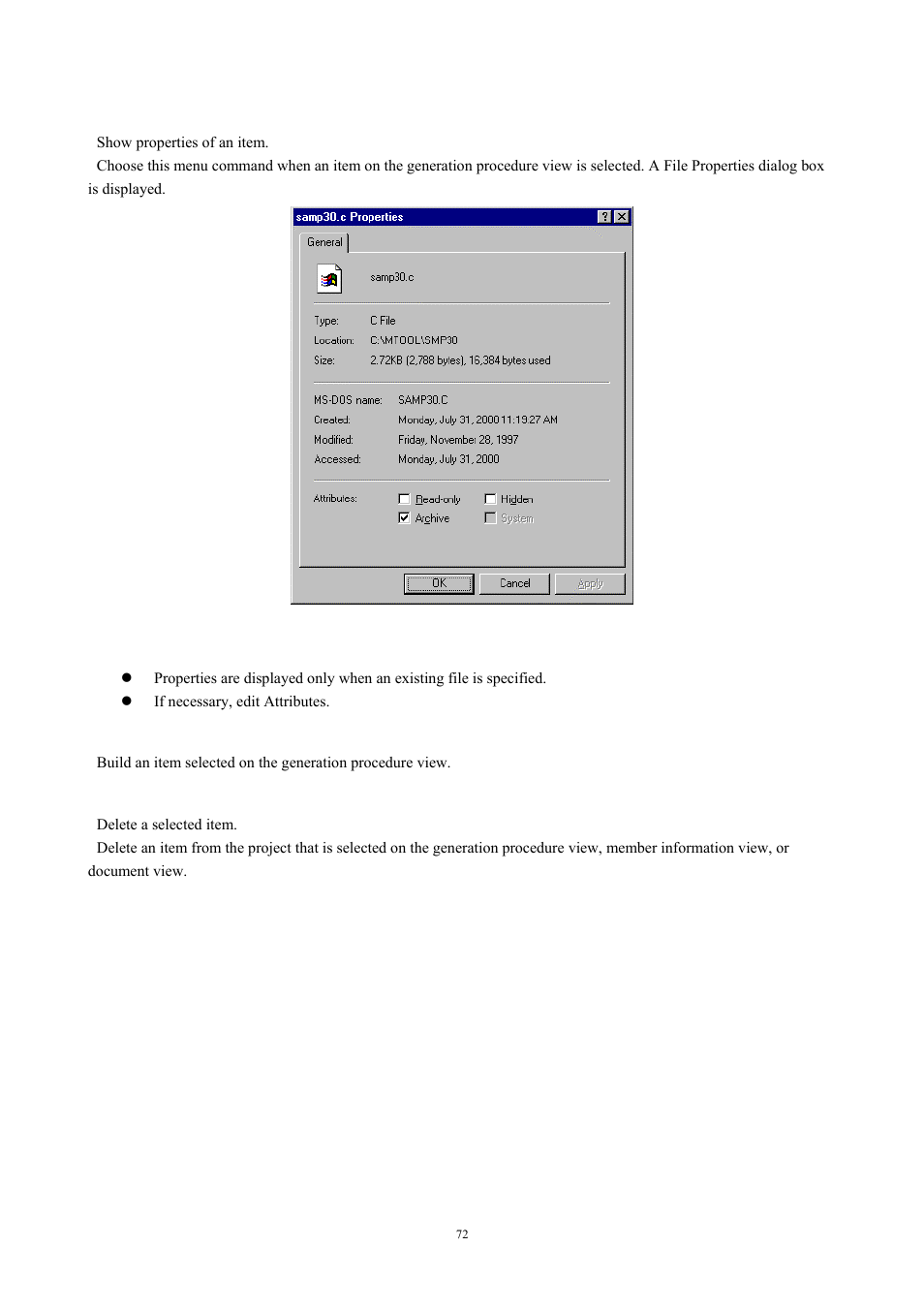 Properties, Partial build, Delete | Fig. 4-36 item properties | Renesas TM V.3.20A User Manual | Page 72 / 92