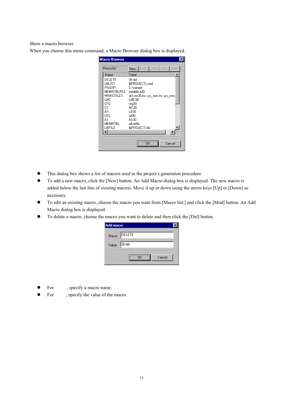 Macro browser, 17 macro browser, Fig. 4-37 macro browser fig. 4-38 adding a macro | Renesas TM V.3.20A User Manual | Page 73 / 92
