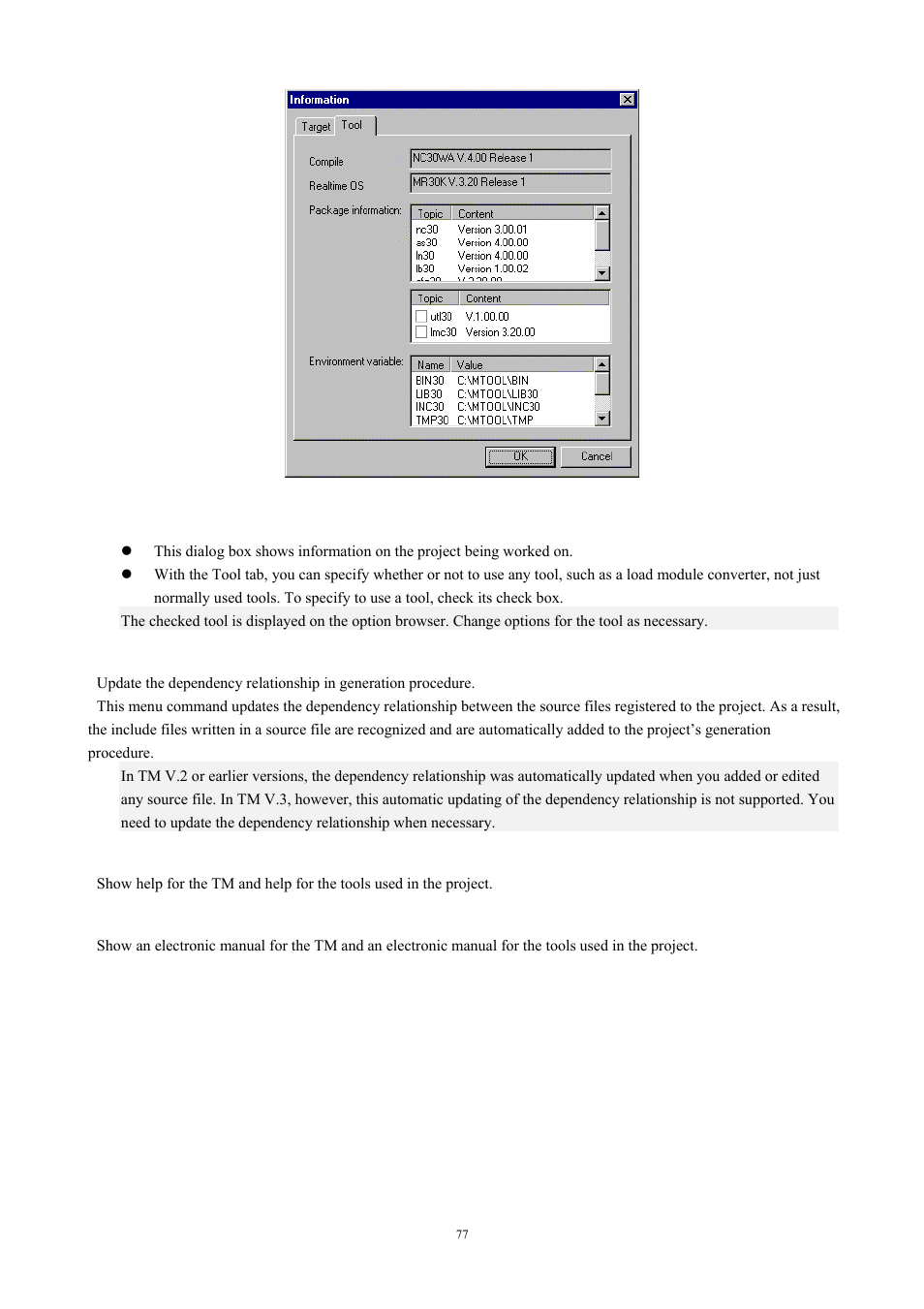 Scan all dependencies, Help, Online manual | 22 scan all dependencies 4.2.3.23 help, 24 online manual, Fig. 4-44 project properties (tool tab) | Renesas TM V.3.20A User Manual | Page 77 / 92
