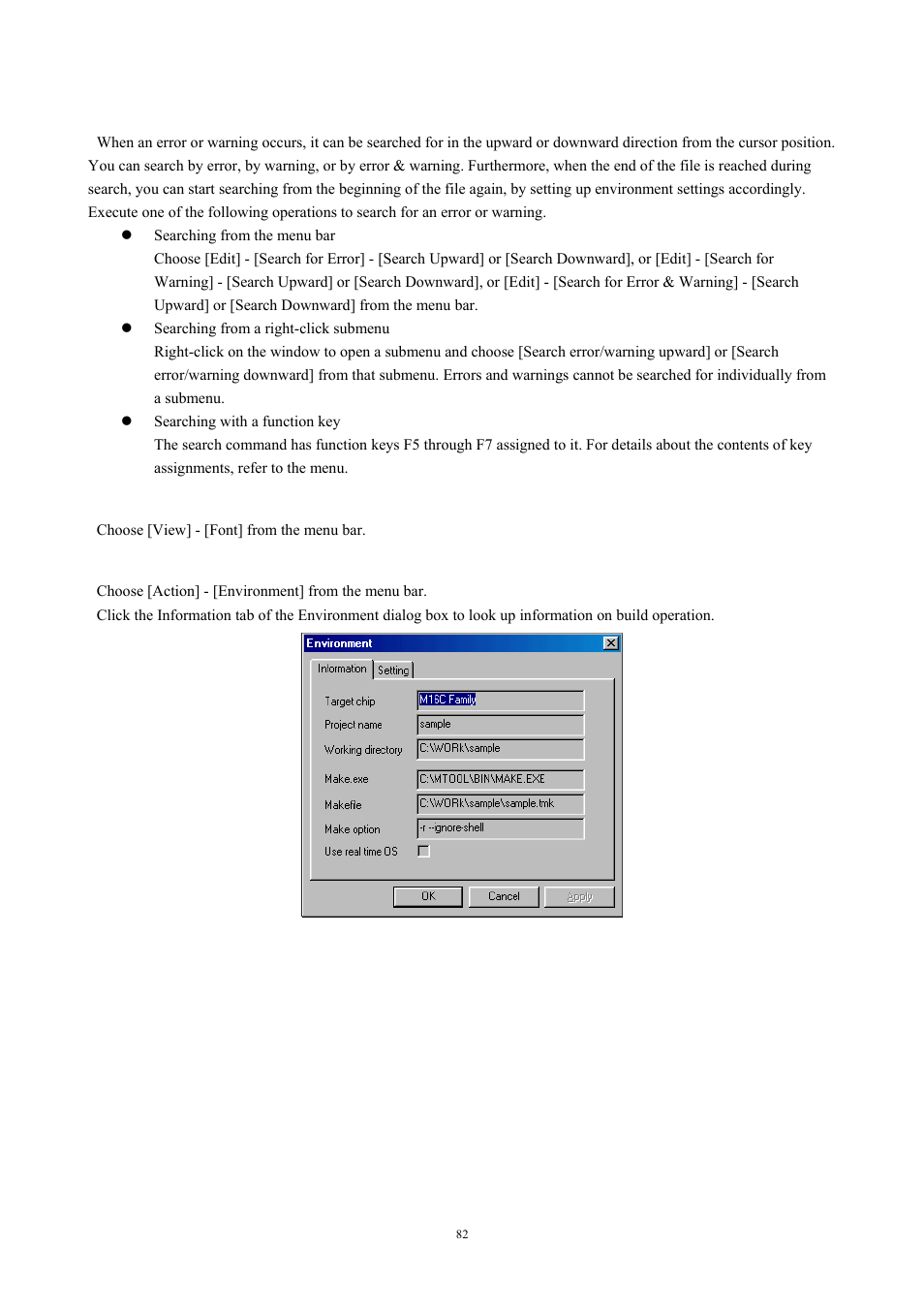 To search for an error or warning, To change the display font, To show information | To change operation environment, Fig. 4-48 environment dialog box (information tab) | Renesas TM V.3.20A User Manual | Page 82 / 92