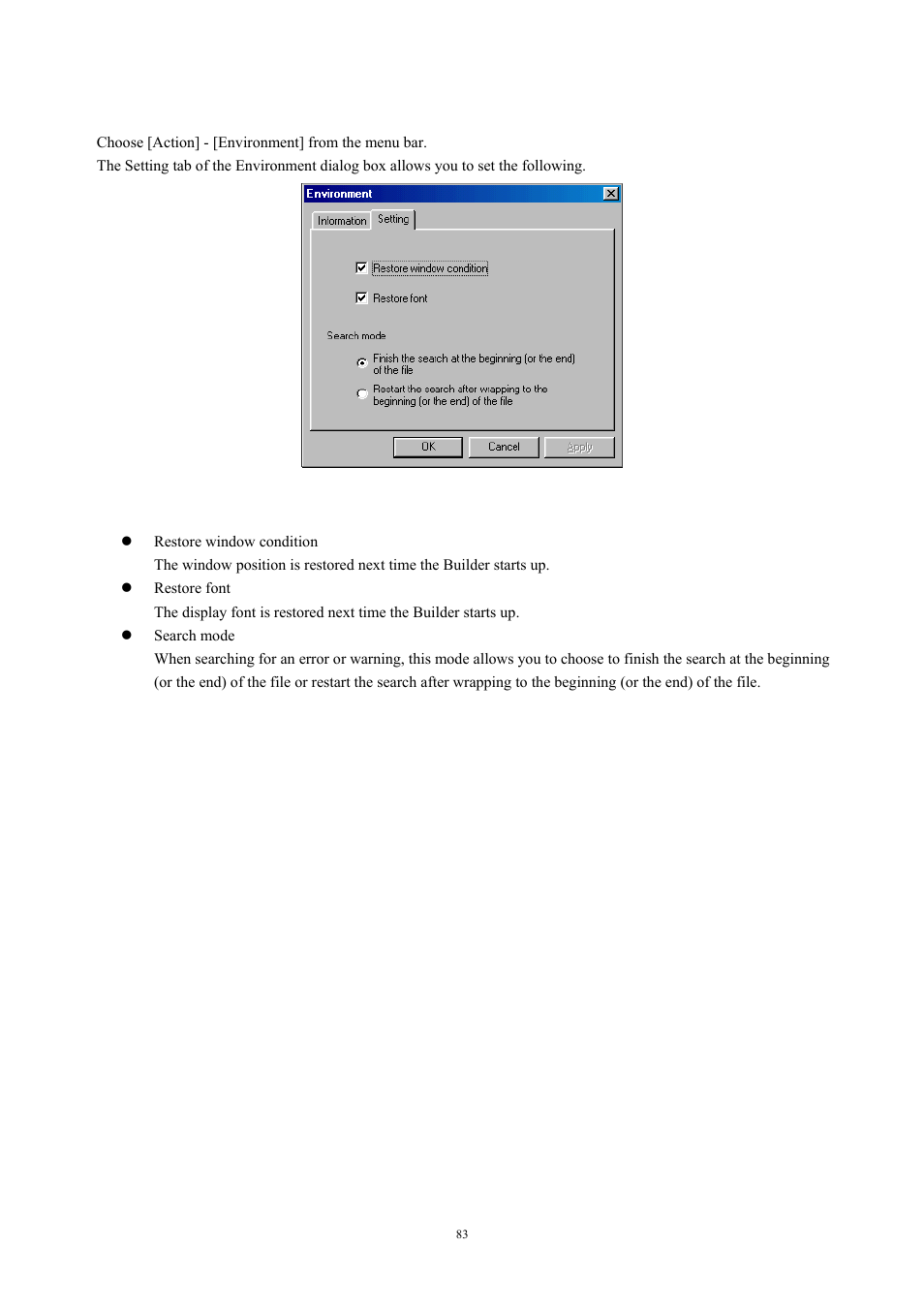 12 4.3.3.12 to change operation environment, Fig. 4-49 environment dialog box (setting tab) | Renesas TM V.3.20A User Manual | Page 83 / 92