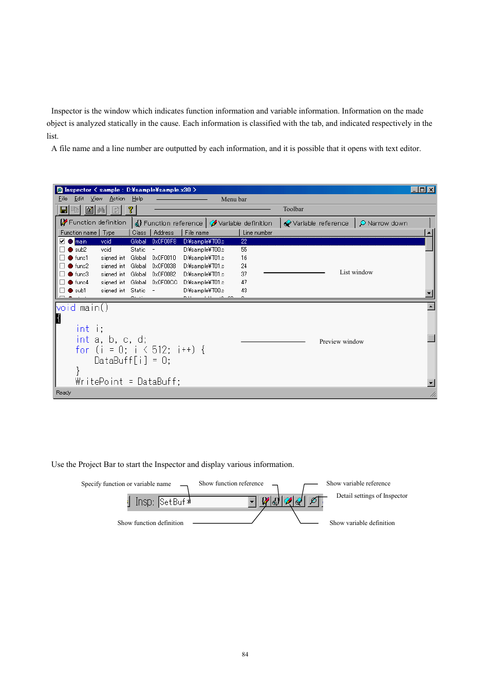 Inspector, Overview, Inspector window | Starting the inspector, 4 inspector, 1 overview, 2 inspector window, 3 starting the inspector, Fig. 4-50 inspector window, Fig. 4-51 inspector startup buttons | Renesas TM V.3.20A User Manual | Page 84 / 92