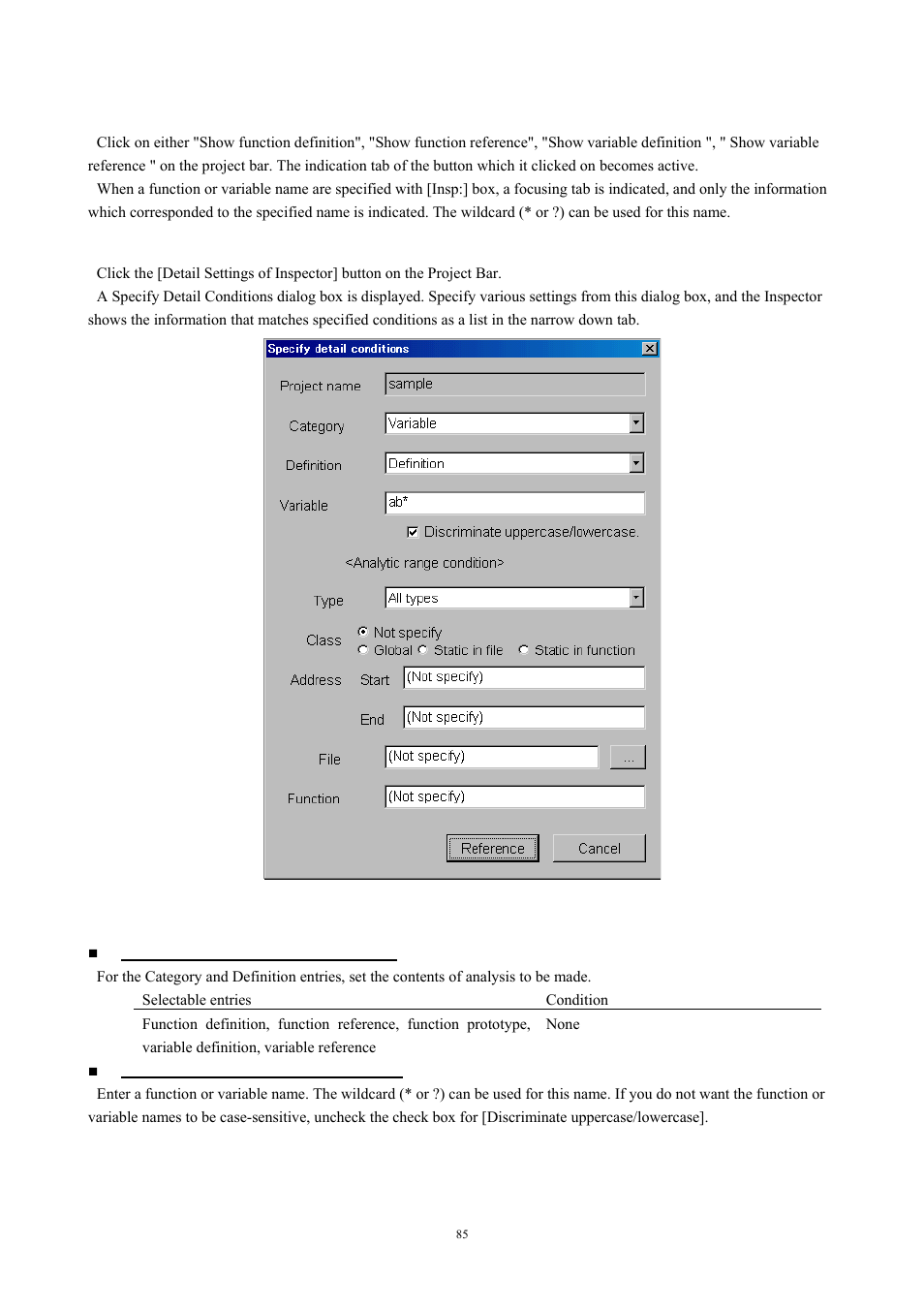 To show information list, Narrow down search, Fig. 4-52 specify detail conditions dialog box | Renesas TM V.3.20A User Manual | Page 85 / 92