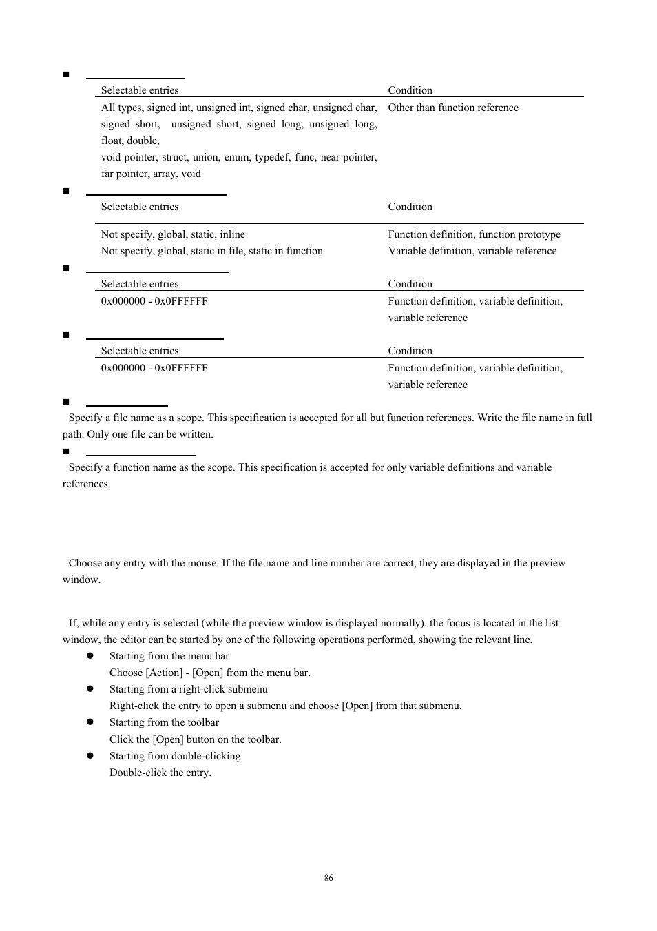 List window, To show preview, To open a selected entry with the editor | 4 list window | Renesas TM V.3.20A User Manual | Page 86 / 92