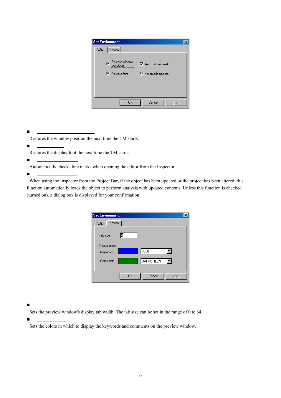 Action tab, Preview tab, 1 action tab 4.4.6.2 preview tab | Renesas TM V.3.20A User Manual | Page 89 / 92