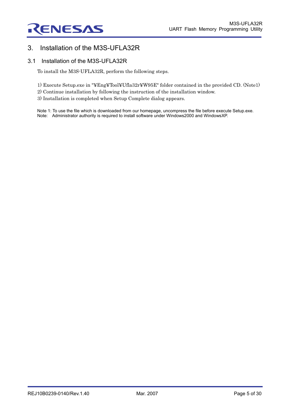 Installation of the m3s-ufla32r, 1 installation of the m3s-ufla32r | Renesas M3S-UFLA32R User Manual | Page 11 / 39