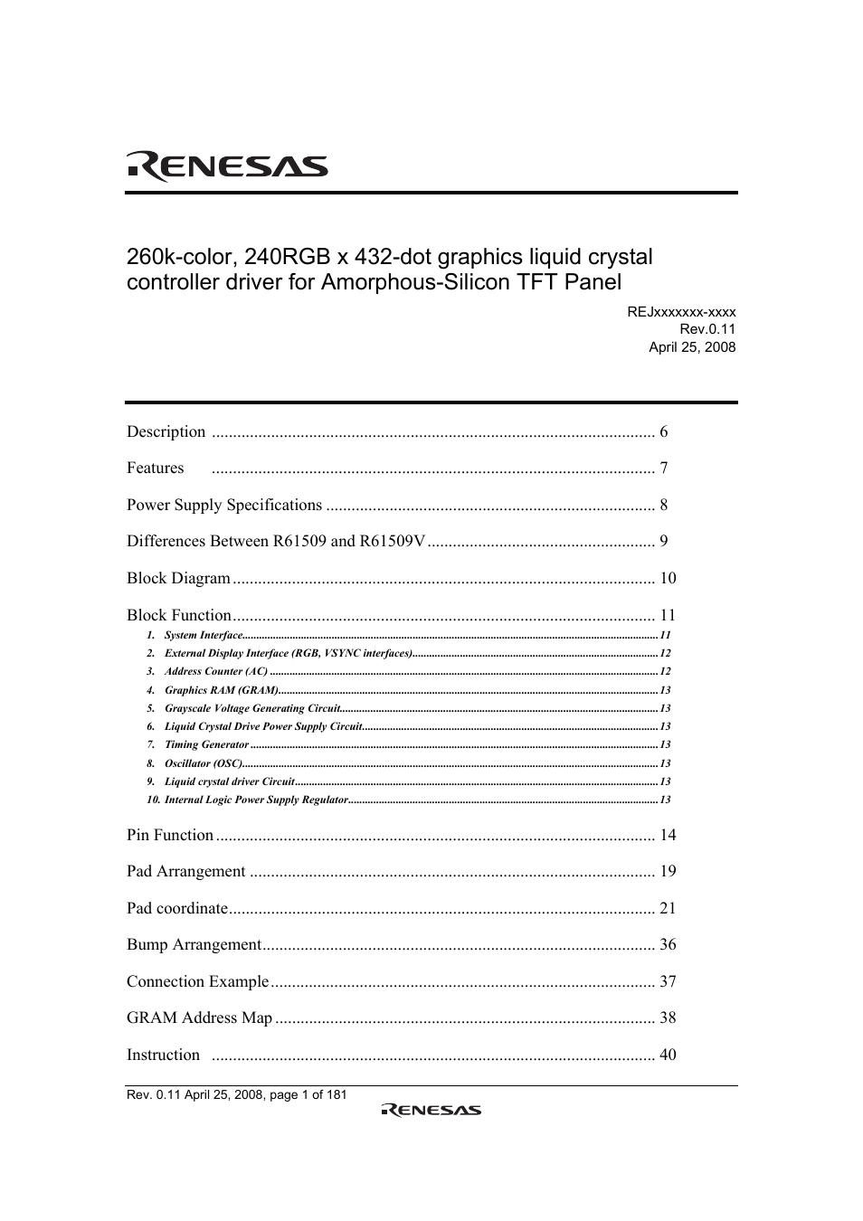 Renesas R61509V User Manual | 181 pages