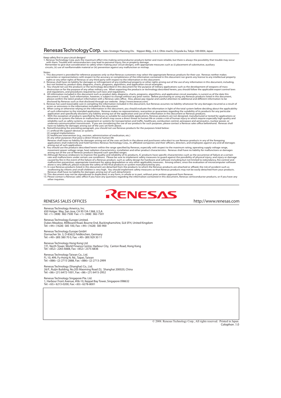 Renesas sales offices | Renesas R61509V User Manual | Page 180 / 181