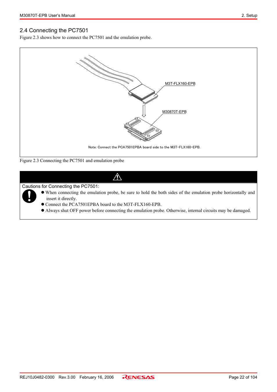 4 connecting the pc7501, Caution | Renesas Emulation Probe for M32C/87 Group M30870T-EPB User Manual | Page 22 / 104