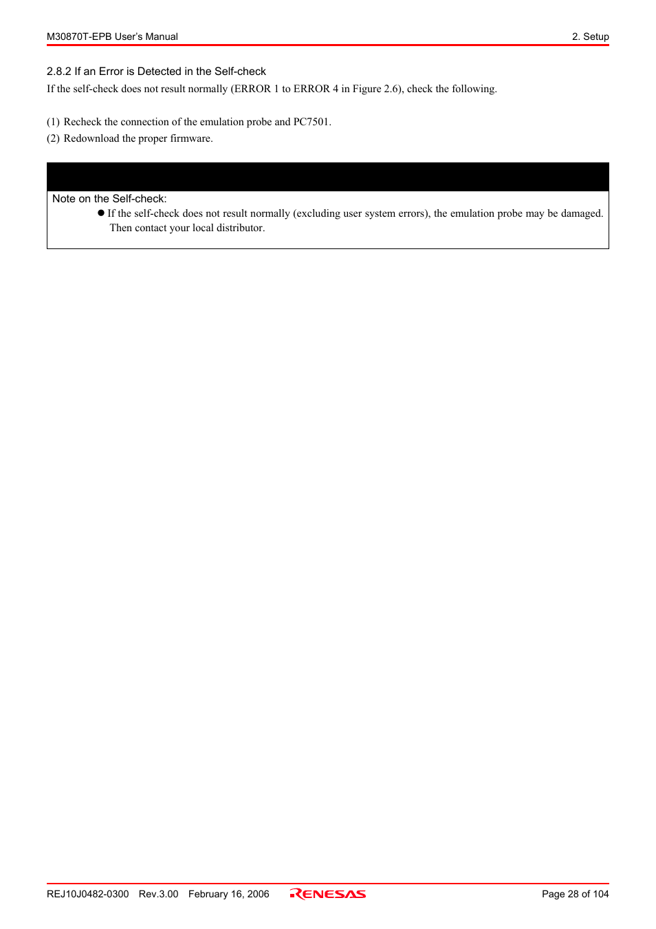 2 if an error is detected in the self-check, Important | Renesas Emulation Probe for M32C/87 Group M30870T-EPB User Manual | Page 28 / 104