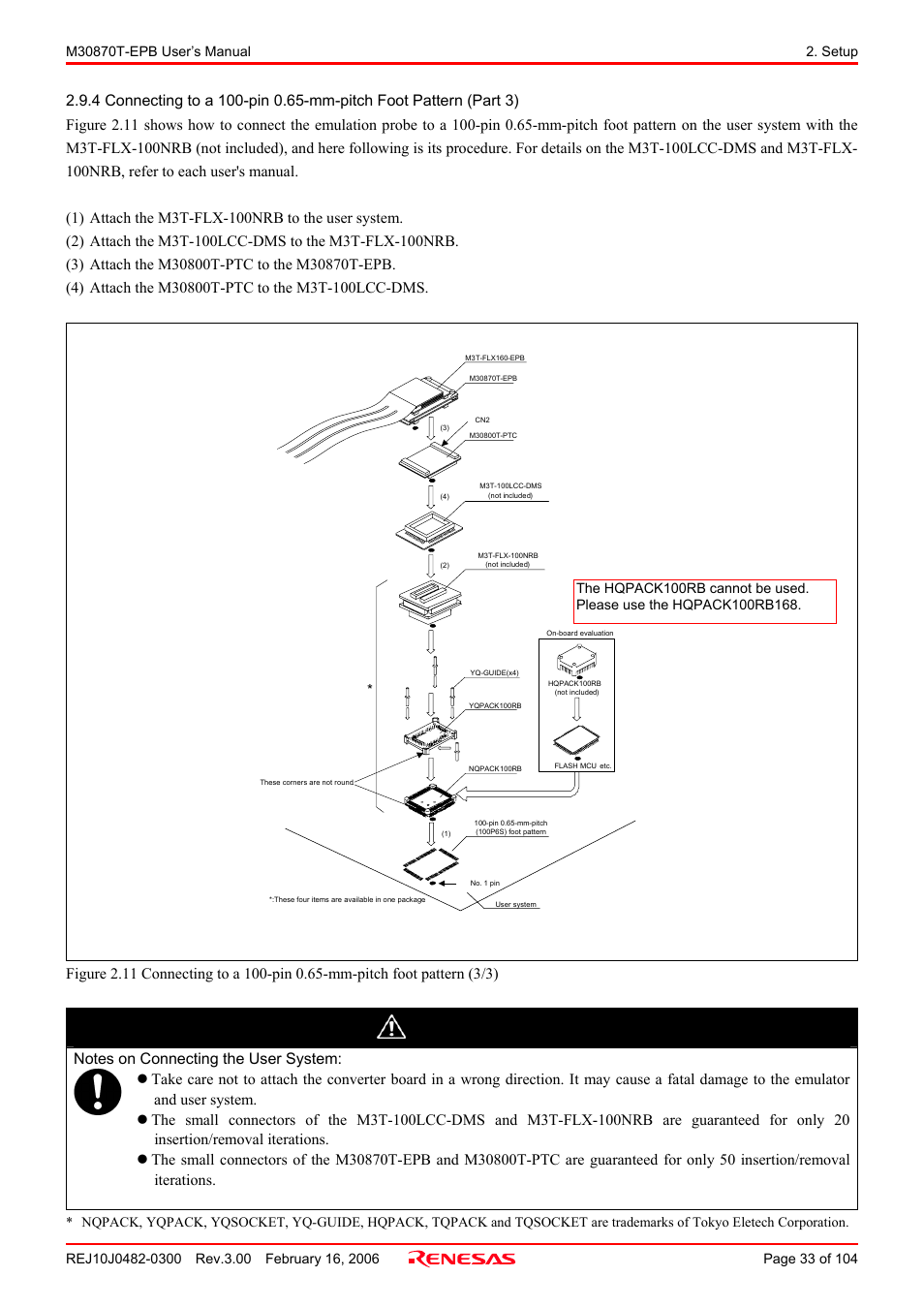 Caution | Renesas Emulation Probe for M32C/87 Group M30870T-EPB User Manual | Page 33 / 104