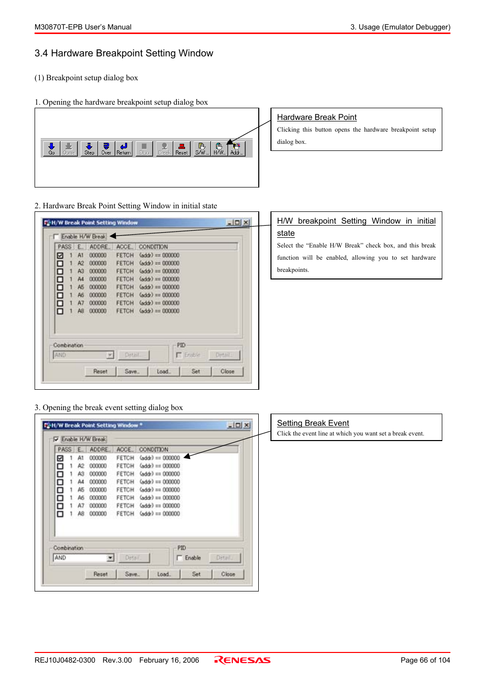 4 hardware breakpoint setting window | Renesas Emulation Probe for M32C/87 Group M30870T-EPB User Manual | Page 66 / 104