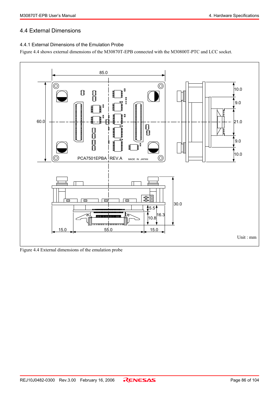 4 external dimensions, 1 external dimensions of the emulation probe | Renesas Emulation Probe for M32C/87 Group M30870T-EPB User Manual | Page 86 / 104