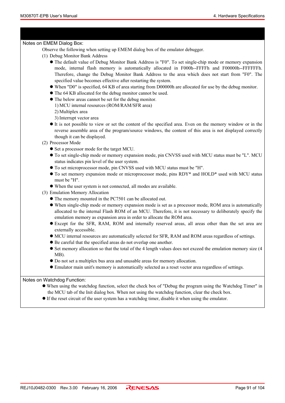 Notes on emem dialog box, Notes on watchdog function, Important | Renesas Emulation Probe for M32C/87 Group M30870T-EPB User Manual | Page 91 / 104