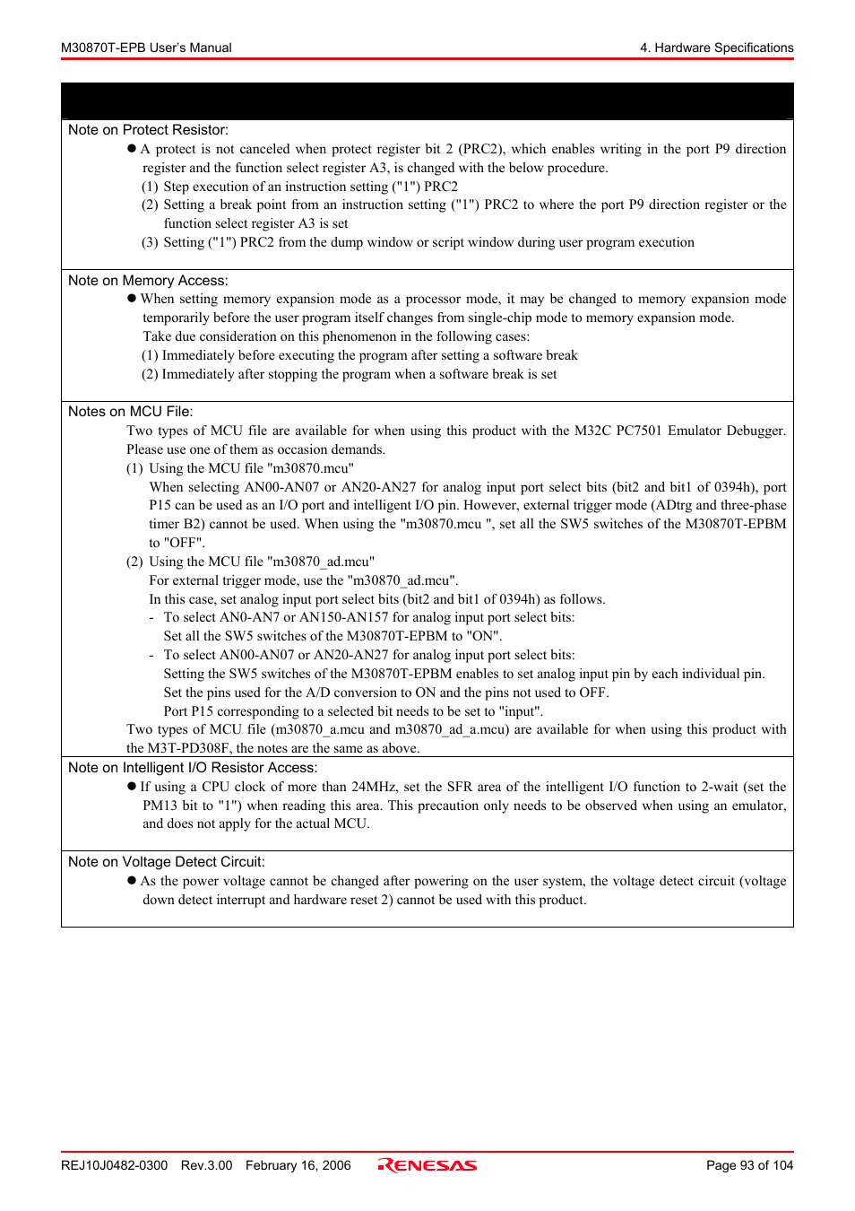 Note on protect resistor, Note on memory access, Notes on mcu file | Note on intelligent i/o resistor access, Note on voltage detect circuit, Important | Renesas Emulation Probe for M32C/87 Group M30870T-EPB User Manual | Page 93 / 104