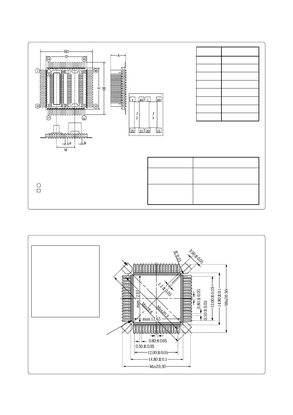 External dimensions of the m3t-dummy64, Sample foot pattern of a target system | Renesas M3T-DUMMY64 User Manual | Page 5 / 6