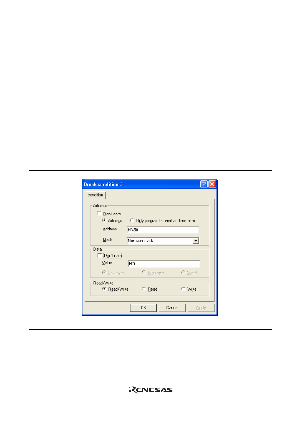 25 deleting break conditions, 26 deleting all break conditions, 27 viewing the source line for break conditions | 28 [break condition x] dialog box, Deleting break conditions, Deleting all break conditions, Viewing the source line for break conditions, Break condition x] dialog box | Renesas Emulator System E8 User Manual | Page 103 / 166