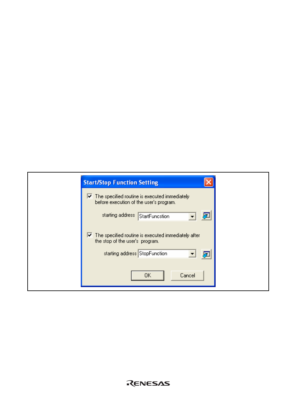 6 using the start/stop function, 2 specifying the routine to be executed, Specifying the routine to be executed | Renesas Emulator System E8 User Manual | Page 107 / 166