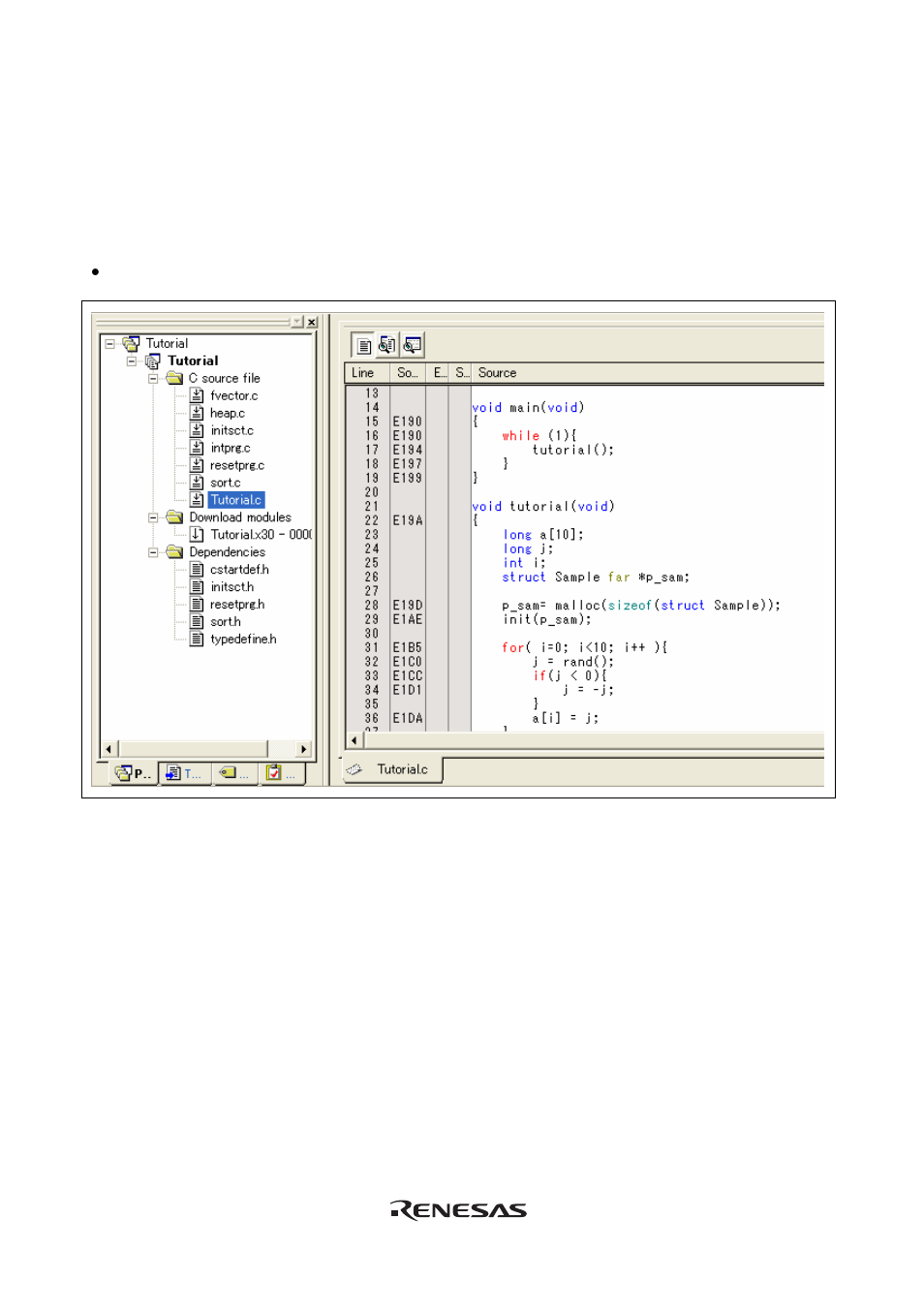 2 displaying the source program | Renesas Emulator System E8 User Manual | Page 118 / 166