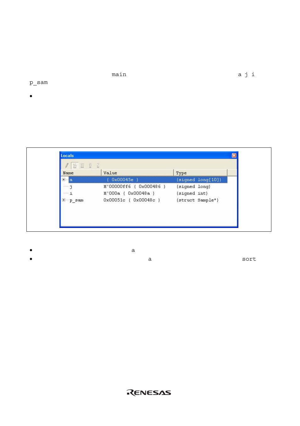 15 displaying local variables | Renesas Emulator System E8 User Manual | Page 134 / 166