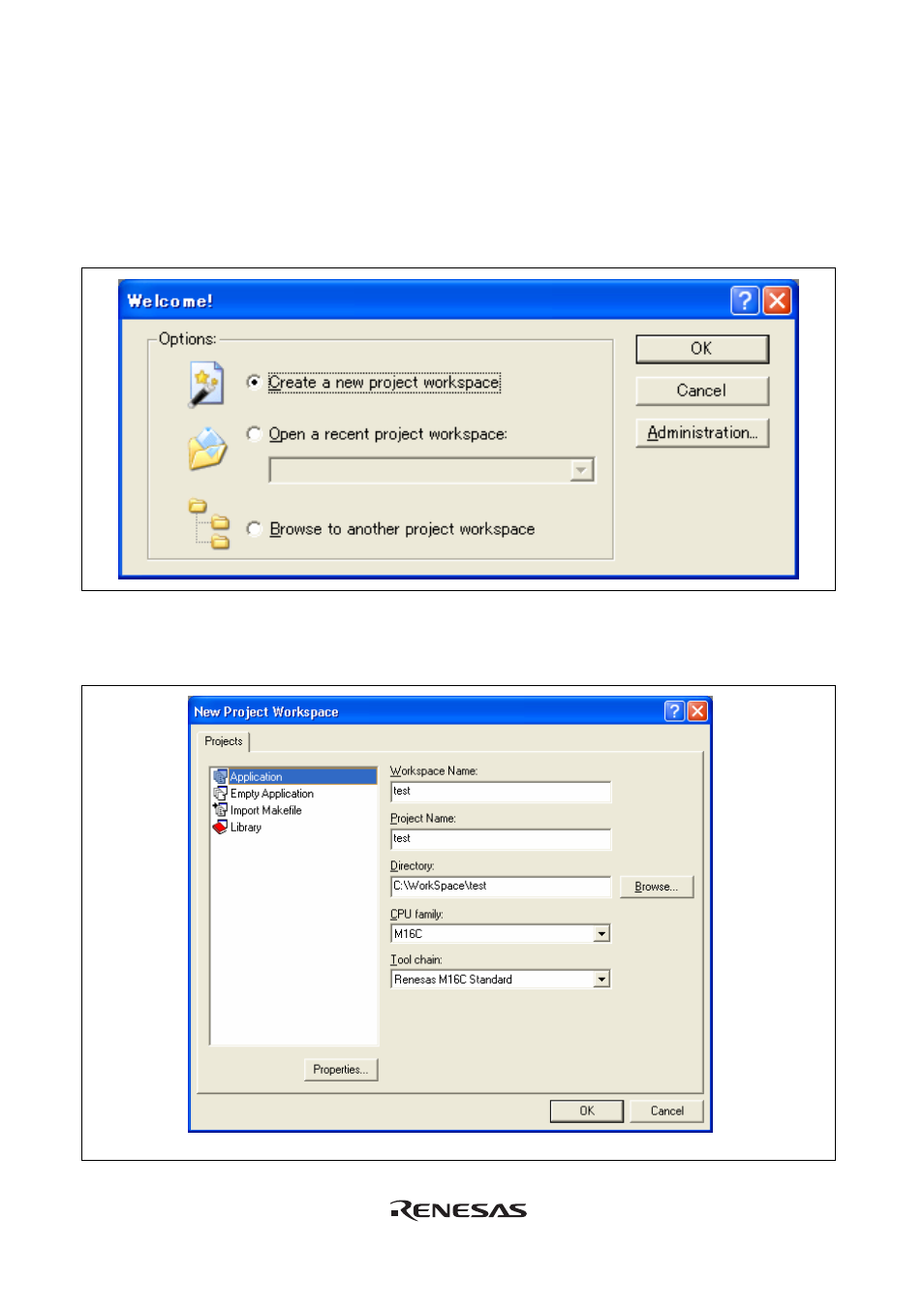 2 creating the new workspace (toolchain used), Creating the new workspace (toolchain used) | Renesas Emulator System E8 User Manual | Page 62 / 166