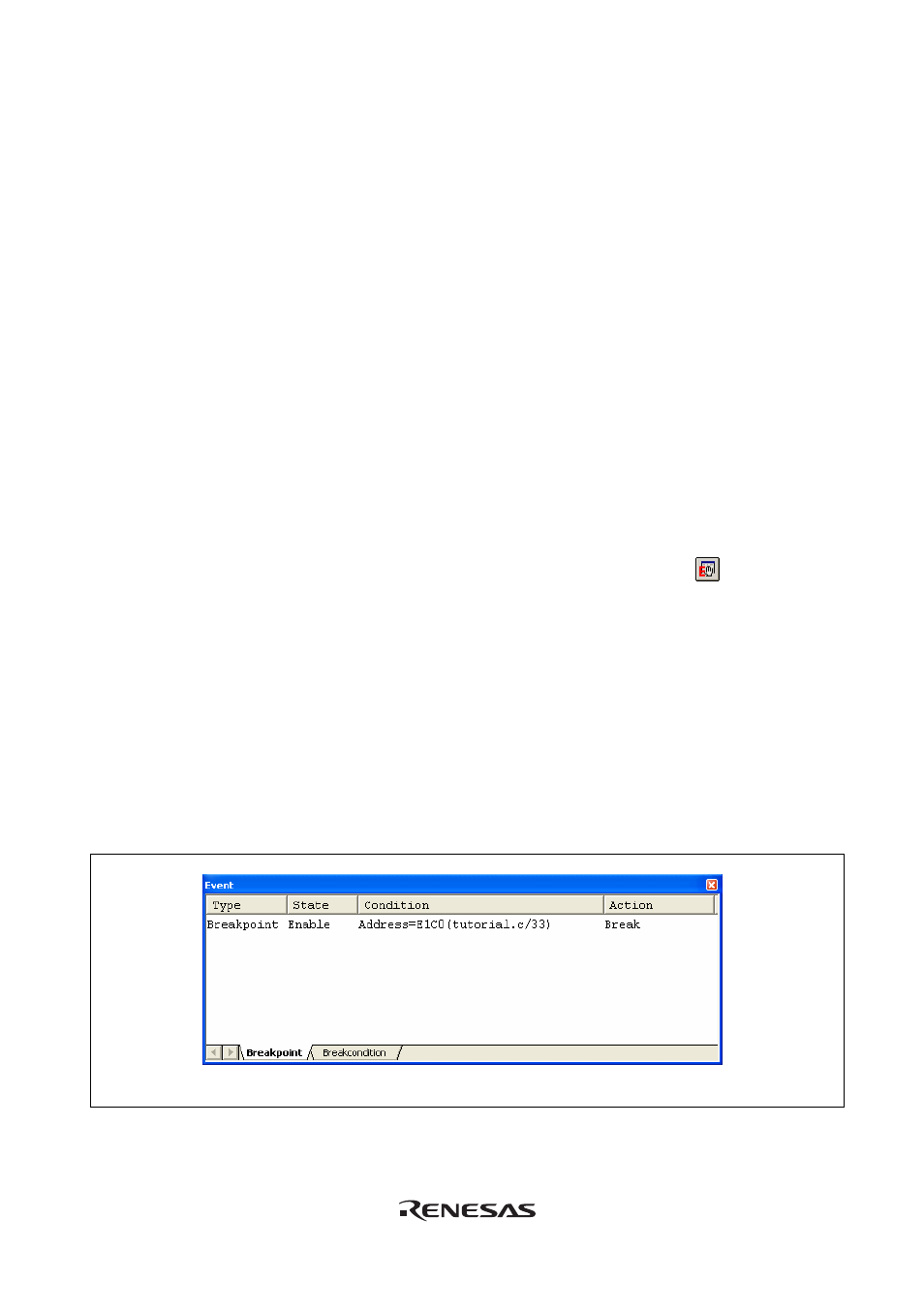 4 using the event points, 1 pc breakpoints, 2 break conditions | 3 opening the [event] window, 4 setting pc breakpoints, Using the event points, Pc breakpoints, Break conditions, Opening the [event] window, Setting pc breakpoints | Renesas Emulator System E8 User Manual | Page 97 / 166