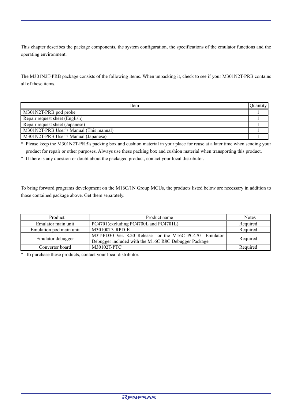 Outline, 1 package components, 2 other tool products required for development | Renesas Pod probe for M16C/1N Group M301N2T-PRB User Manual | Page 14 / 50