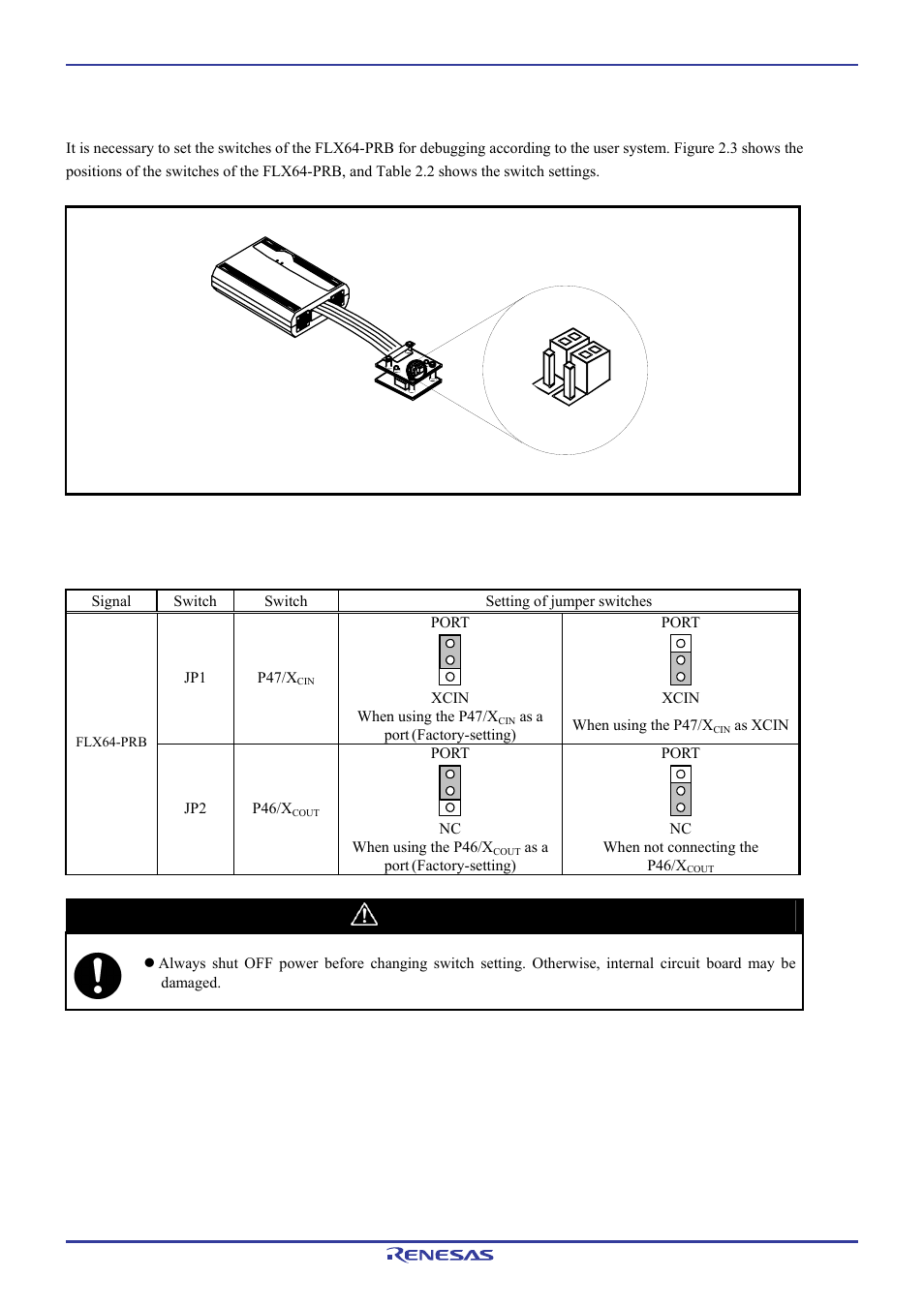 2 switch settings, Caution, Jp1 jp2 | Renesas Pod probe for M16C/1N Group M301N2T-PRB User Manual | Page 22 / 50