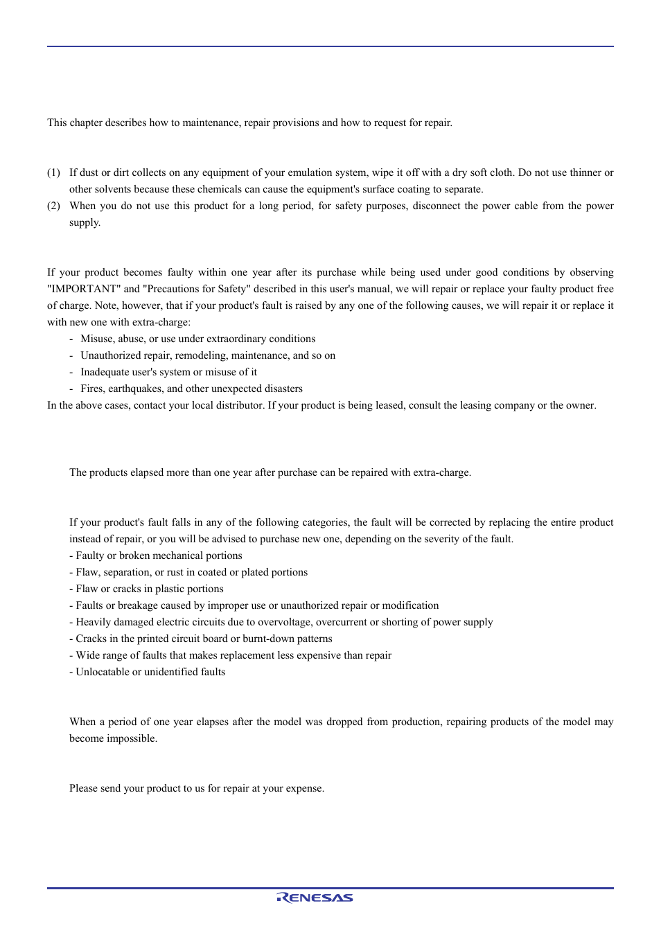 Maintenance and guarantee, 1 maintenance, 2 guarantee | 3 repair provisions | Renesas Pod probe for M16C/1N Group M301N2T-PRB User Manual | Page 47 / 50