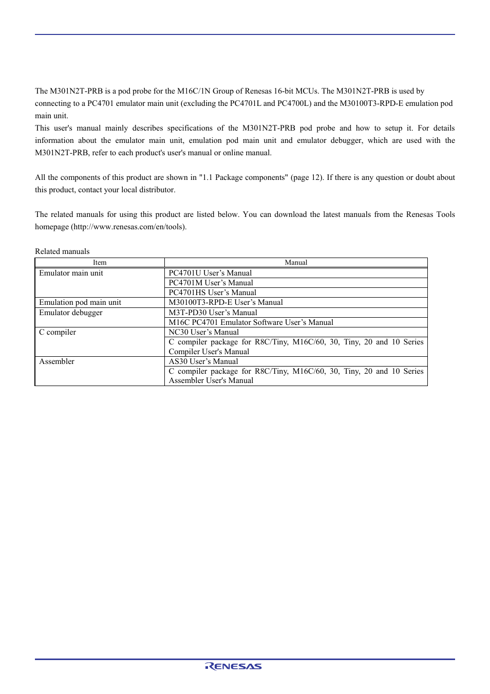 Preface | Renesas Pod probe for M16C/1N Group M301N2T-PRB User Manual | Page 5 / 50