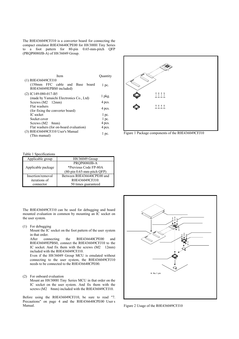 Outline, Package components, Specifications | Usage, Package components (see figure 1), Usage (see figure 2) | Renesas Converter Board R0E436049CFJ10 User Manual | Page 2 / 6