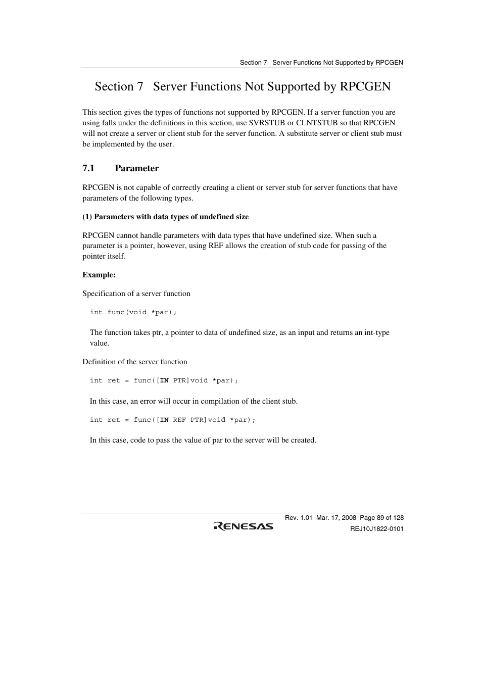 Section 7 server functions not supported by rpcgen, 1 parameter | Renesas Stub Generator V.1.00 User Manual | Page 101 / 144