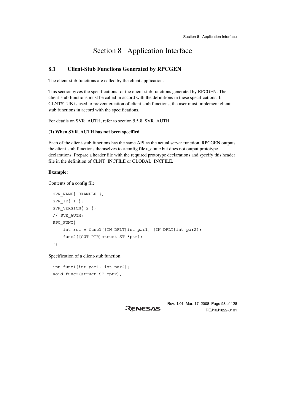 Section 8 application interface, 1 client-stub functions generated by rpcgen | Renesas Stub Generator V.1.00 User Manual | Page 105 / 144