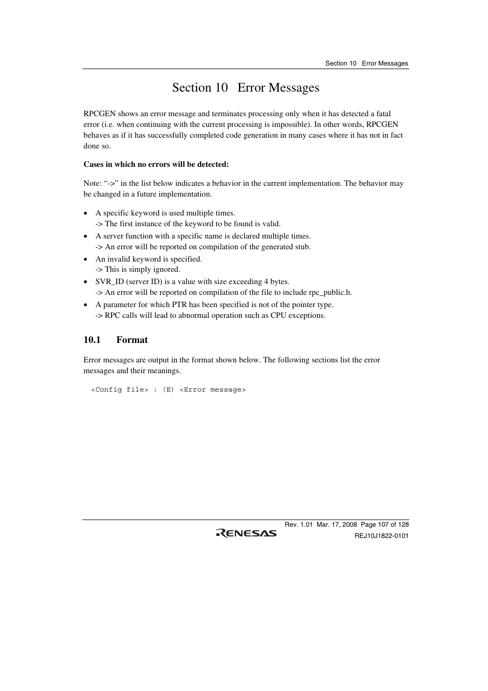 Section 10 error messages, 1 format | Renesas Stub Generator V.1.00 User Manual | Page 119 / 144