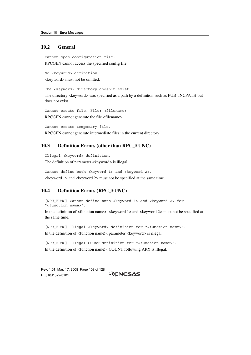 2 general, 3 definition errors (other than rpc_func), 4 definition errors (rpc_func) | Renesas Stub Generator V.1.00 User Manual | Page 120 / 144