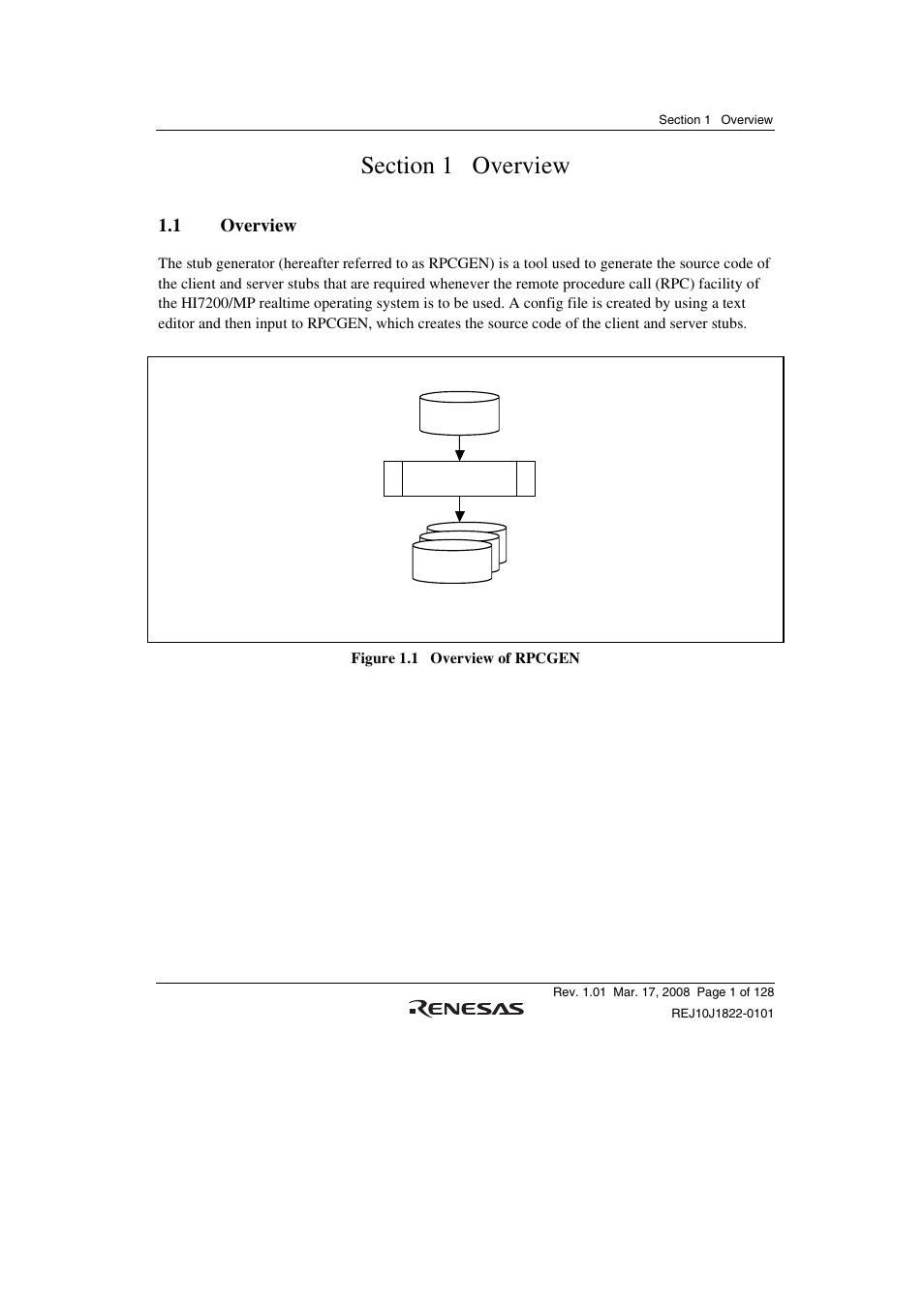 Section 1 overview, 1 overview, Rpcgen | Renesas Stub Generator V.1.00 User Manual | Page 13 / 144