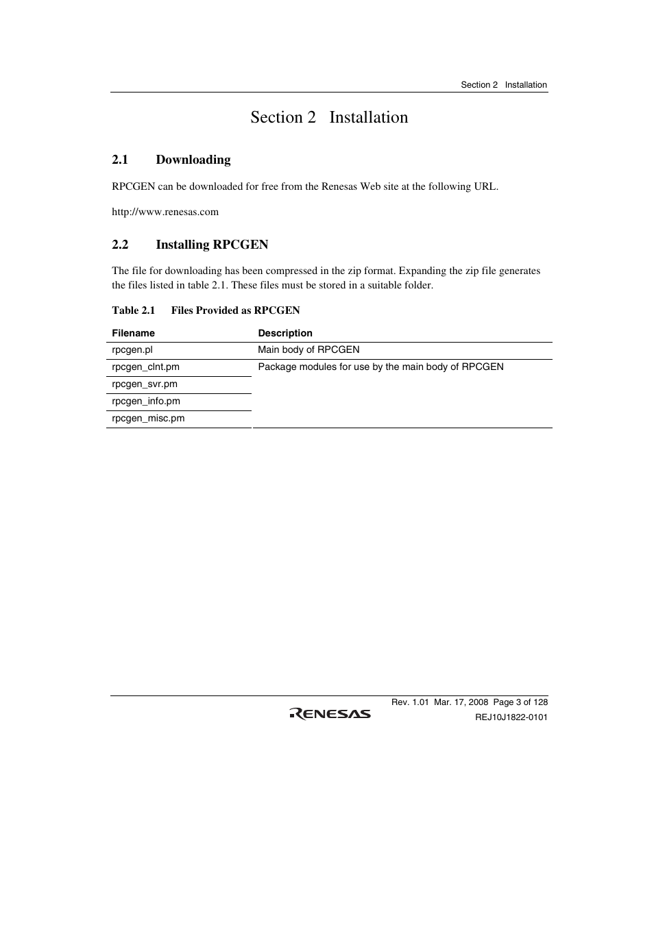 Section 2 installation, 1 downloading, 2 installing rpcgen | Renesas Stub Generator V.1.00 User Manual | Page 15 / 144