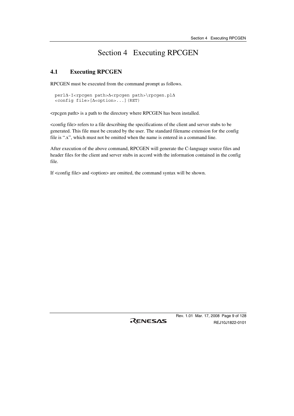 Section 4 executing rpcgen, 1 executing rpcgen | Renesas Stub Generator V.1.00 User Manual | Page 21 / 144