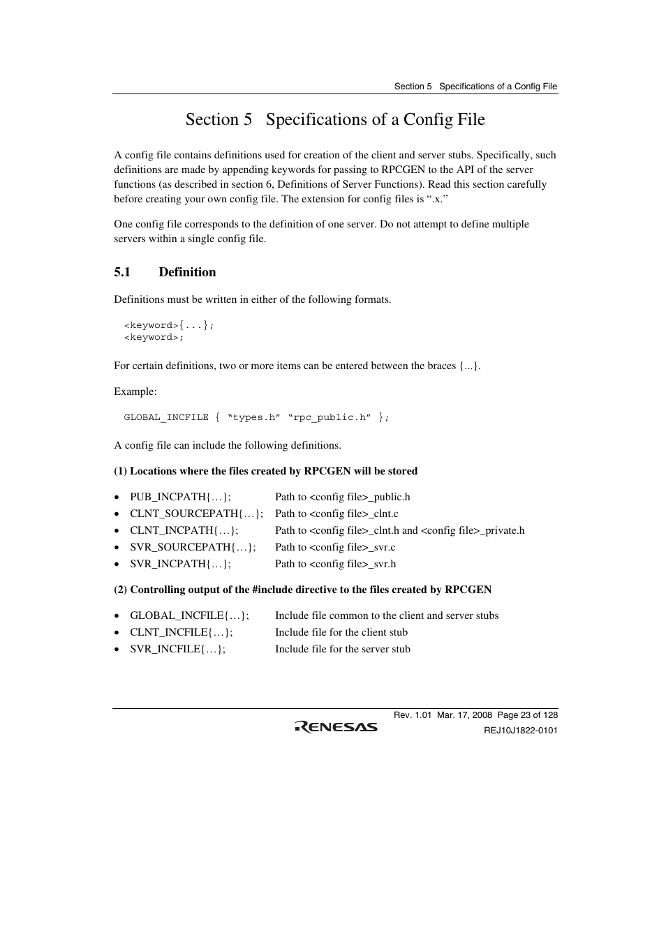 Section 5 specifications of a config file, 1 definition | Renesas Stub Generator V.1.00 User Manual | Page 35 / 144