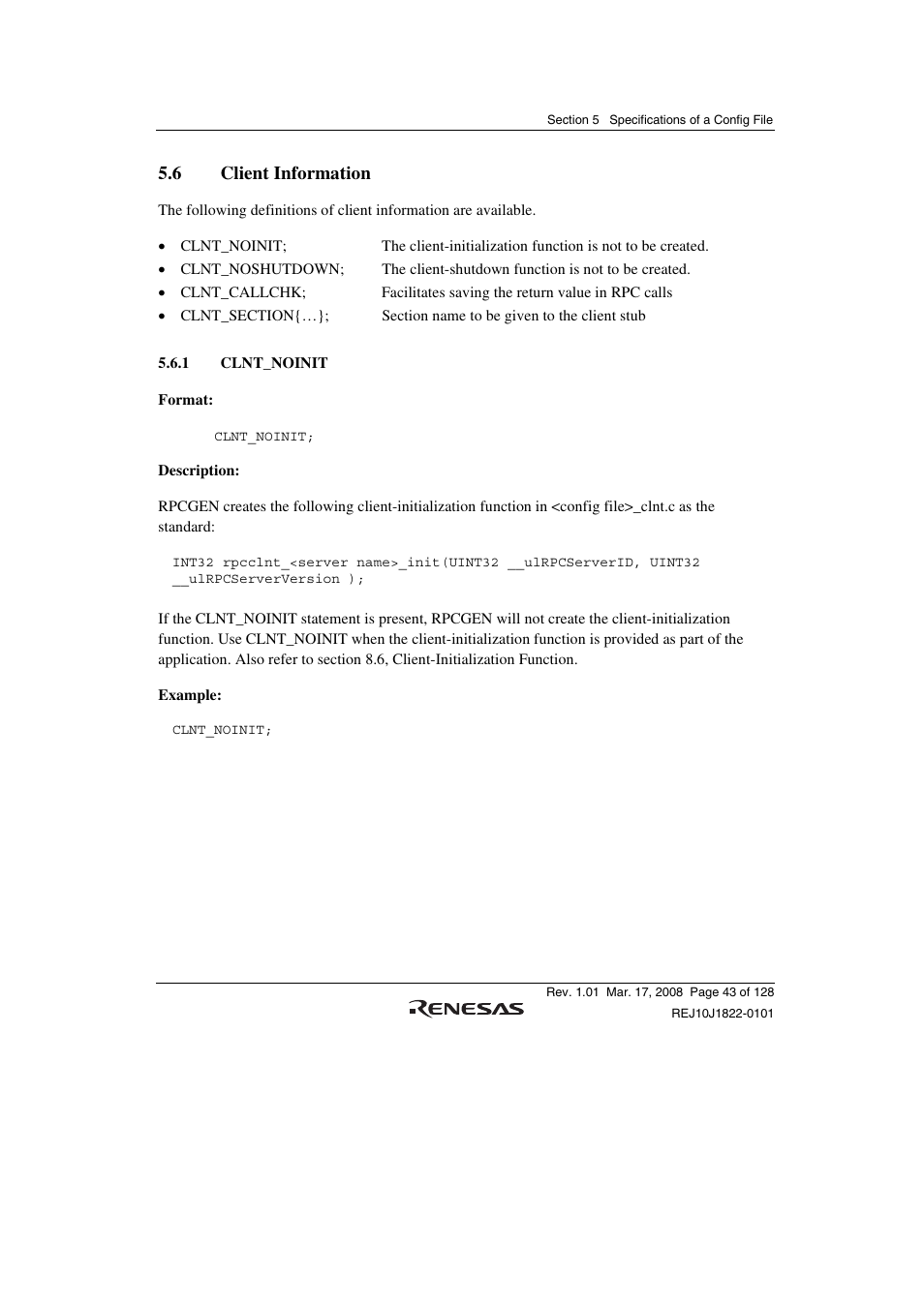 6 client information, 1 clnt_noinit | Renesas Stub Generator V.1.00 User Manual | Page 55 / 144